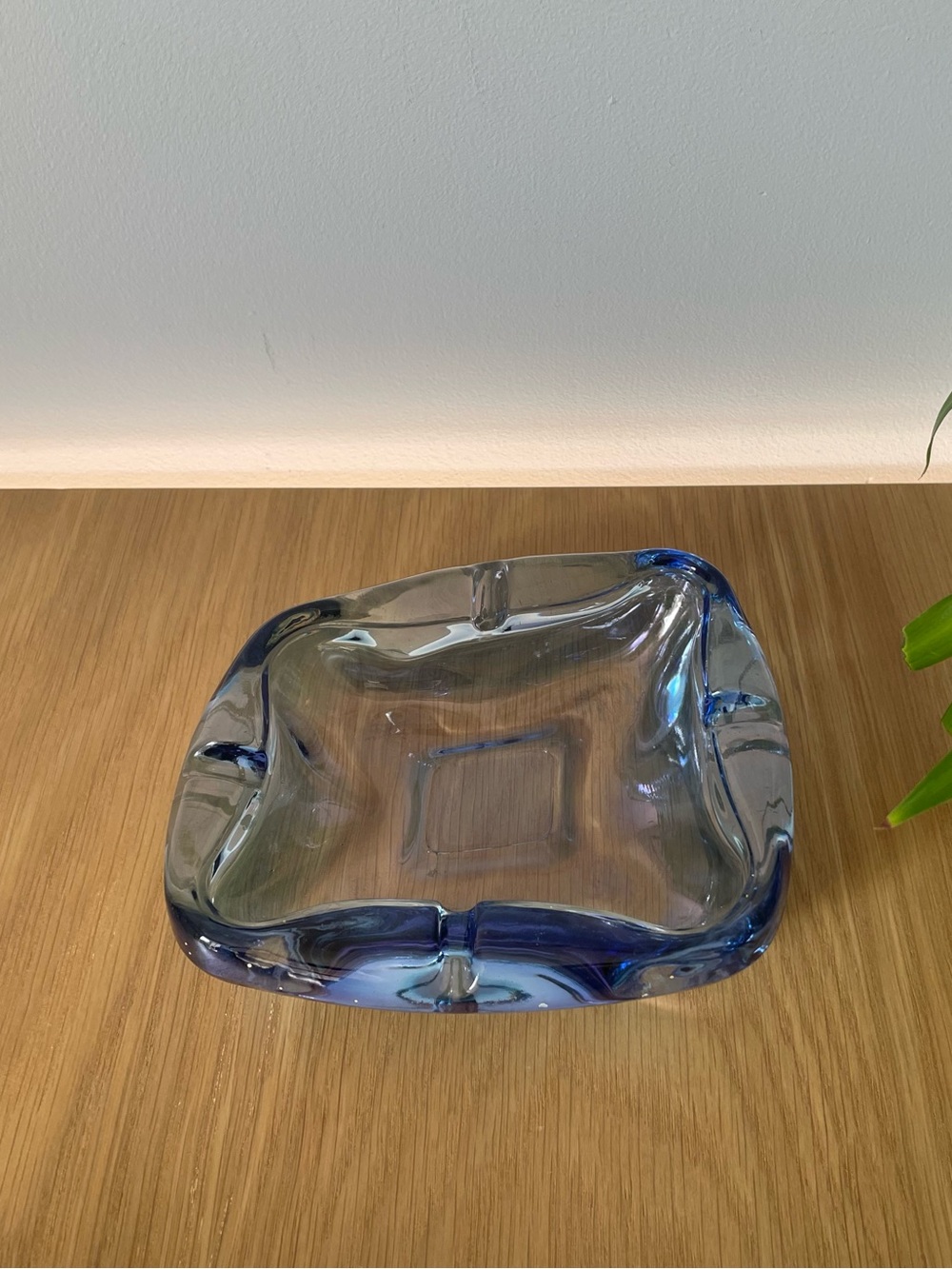 Vintage MCM Iridescent Amoeba Blue Art Glass Ash Tray Trinket Catchall Dish